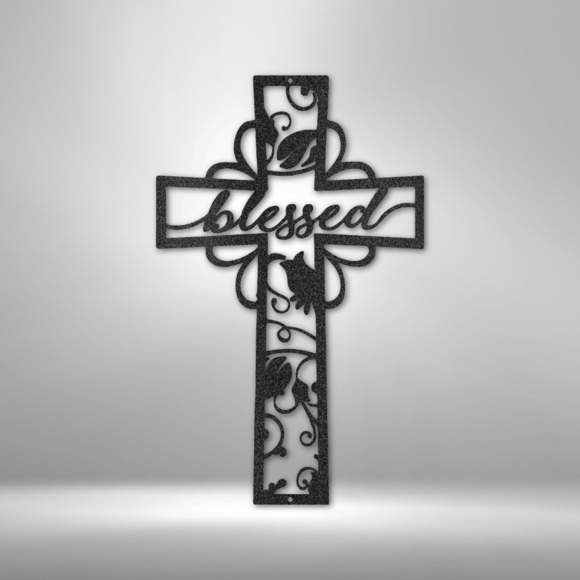 Scripture Sign Blessed Cross Steel Sign Laser Cut Powder Coated Home & Office M